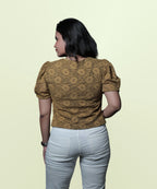 Back view of women's mehndi green lace puff sleeve workwear top Ladymade
