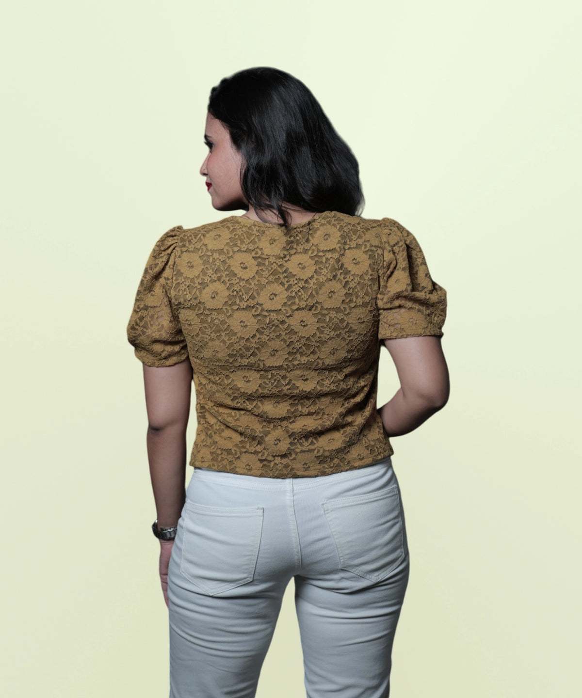 Back view of women's mehndi green lace puff sleeve workwear top Ladymade