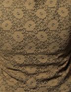 Close-up of floral lace fabric pattern on mehndi green puff sleeve workwear top Ladymade