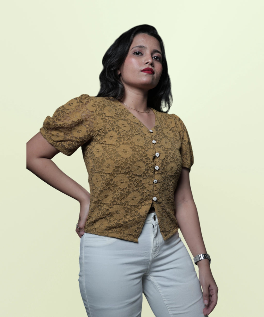 Women's mehndi green lace puff sleeve top front three quarter angle Ladymade
