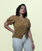 Women's mehndi green lace puff sleeve top front three quarter angle Ladymade