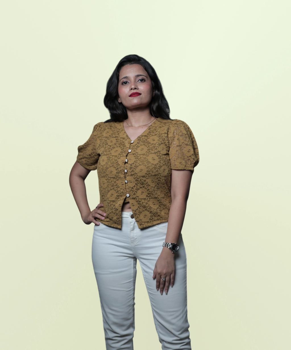 Front view of women's mehndi green lace puff sleeve button-front top Ladymade