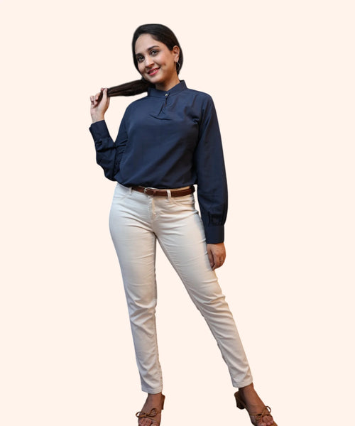 Women's Navy Blue Mandarin Collar Top | Pleat Front Full Sleeve Workwear