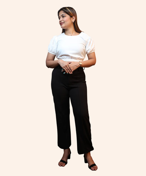 Women's White Puff Sleeve Crop Top | Round Neck Smocked Hem Workwear