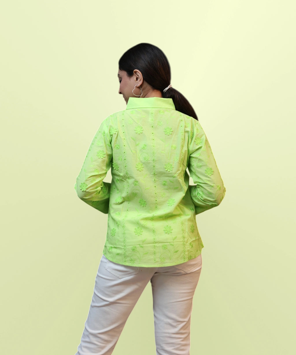 Back view of women's parrot green schiffli floral embroidered full sleeve shirt Ladymade