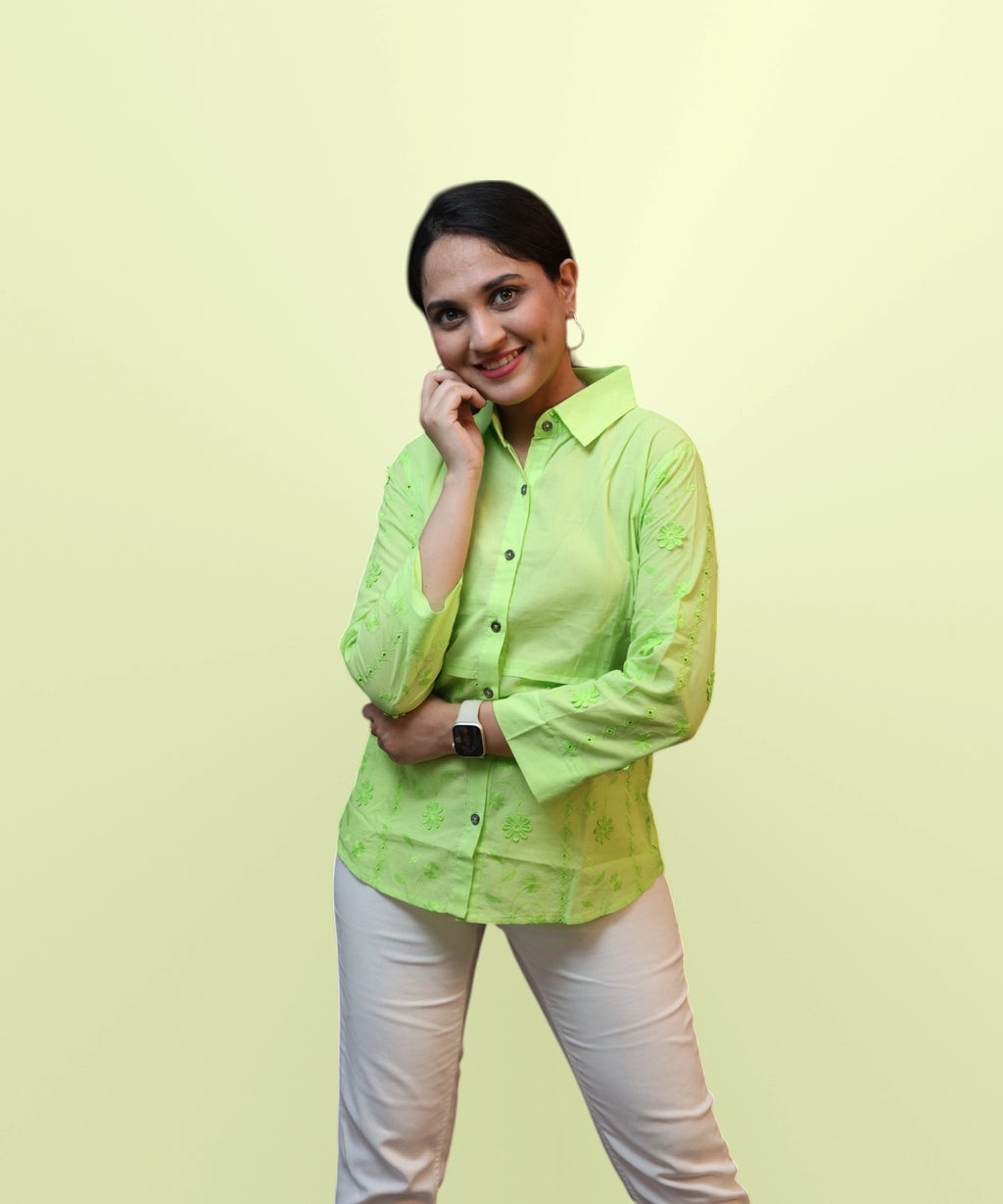 Women's parrot green schiffli embroidered full sleeve workwear shirt front view Ladymade
