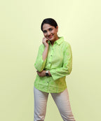 Women's parrot green schiffli embroidered full sleeve workwear shirt front view Ladymade