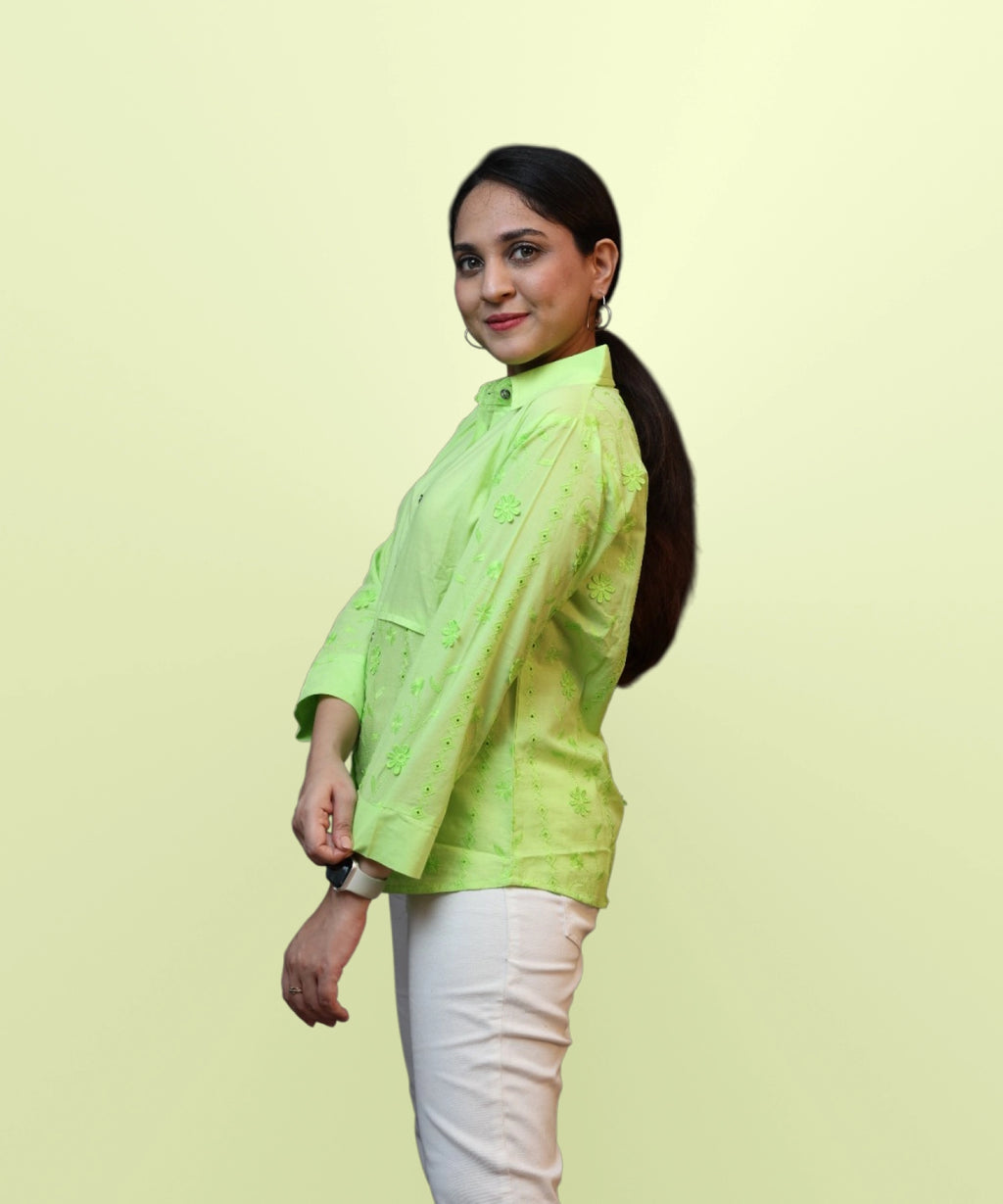 Right side view of women's parrot green schiffli floral embroidered full sleeve shirt Ladymade