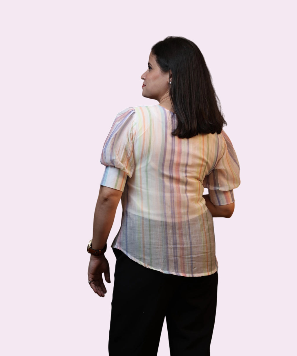 Back view women's pastel viscose stripe puff sleeve top full length black trousers Ladymade