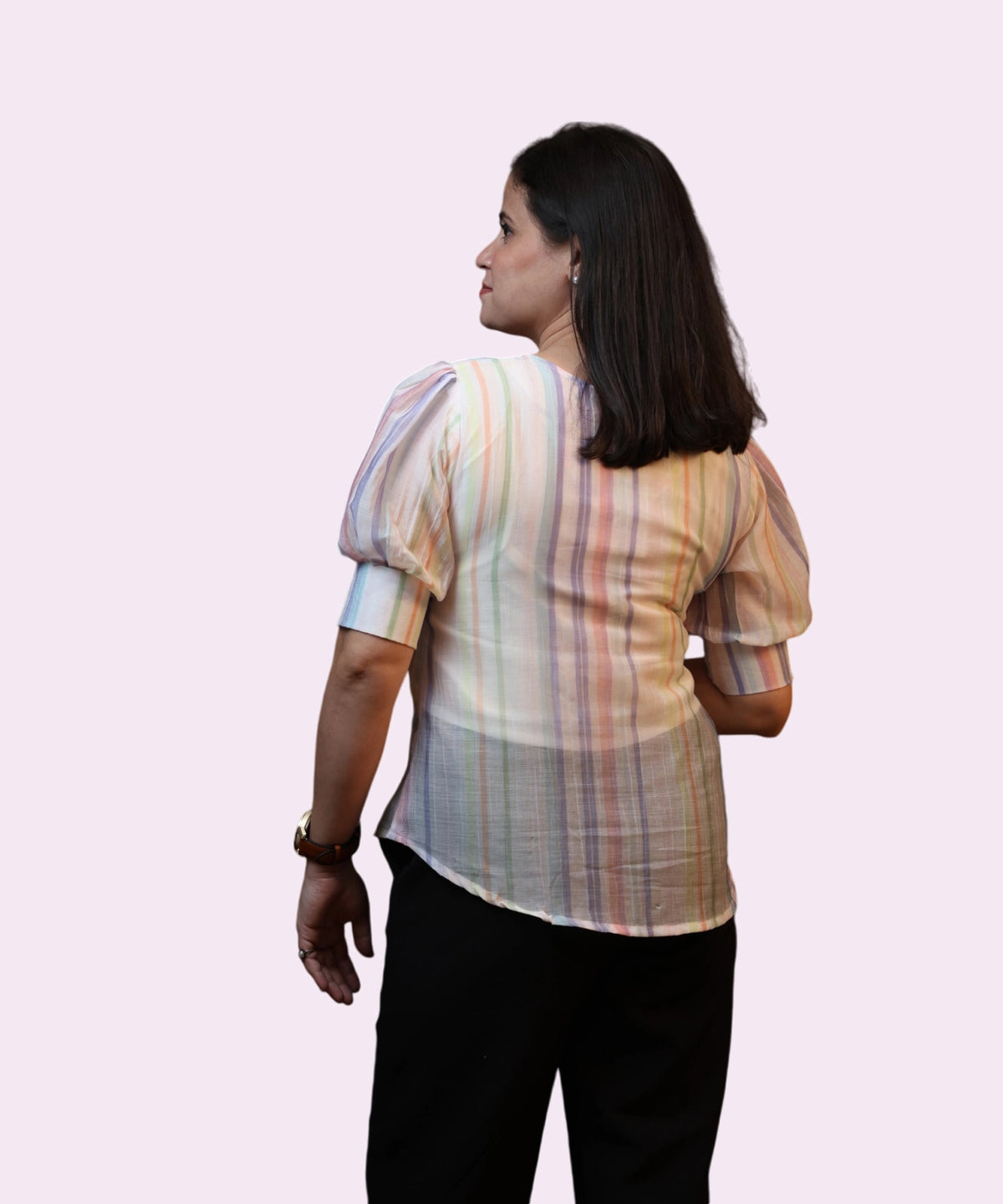 Back view women's pastel viscose stripe puff sleeve top full length black trousers Ladymade