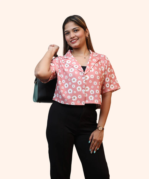 Women's Peach Pink Daisy Print Crop Top | Notch Collar Lycra Workwear