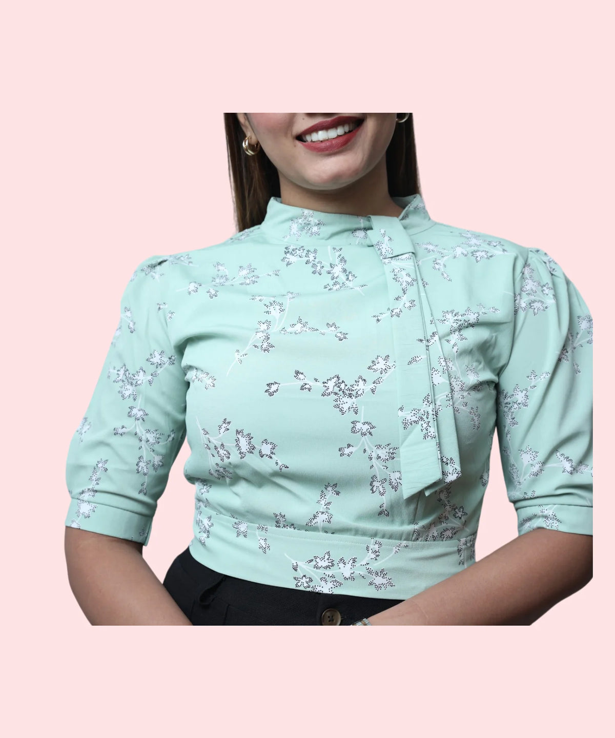 Close-up mock neck and asymmetric overlap front detail pista green floral puff sleeve workwear top Ladymade