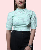 Women's pista green floral print mock neck top asymmetric overlap front puff sleeve Ladymade
