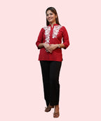 Women's red mandarin collar embroidered kurti top styled with black trousers heels office outfit Ladymade