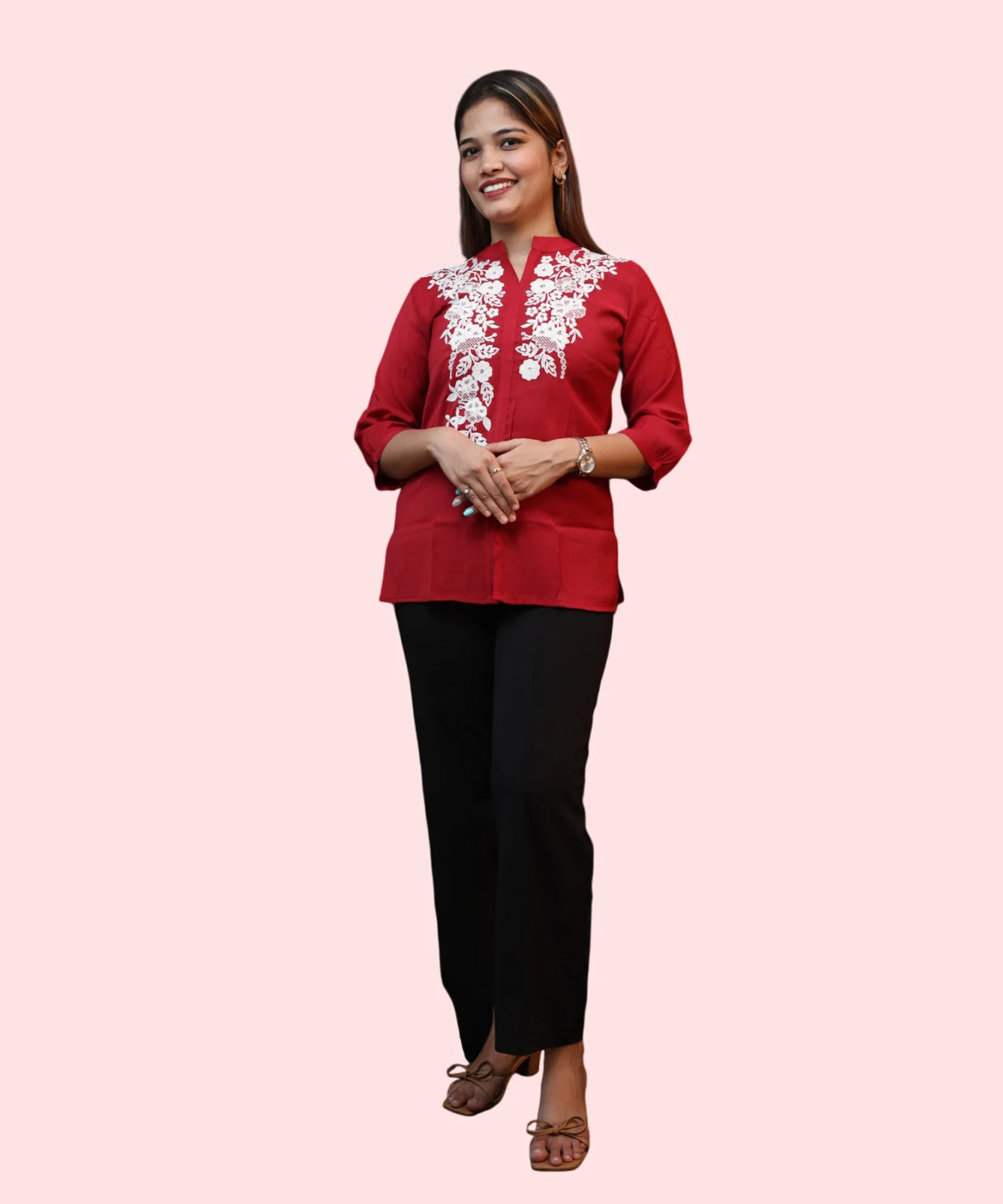 Women's red mandarin collar embroidered kurti top styled with black trousers heels office outfit Ladymade