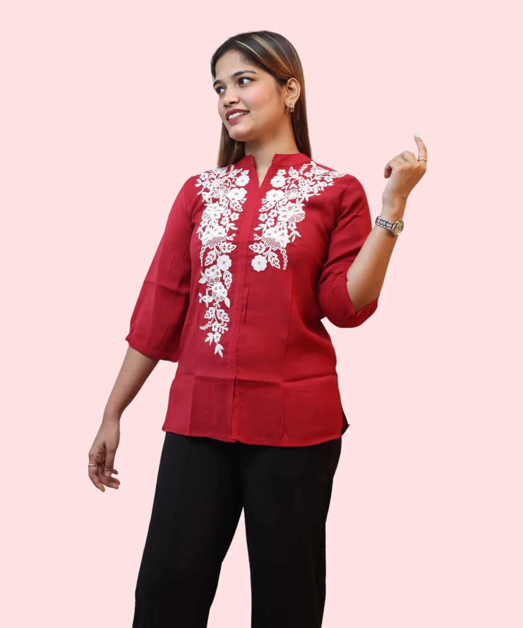 Women's red mandarin collar kurti top white floral embroidery three-quarter pose full length Ladymade
