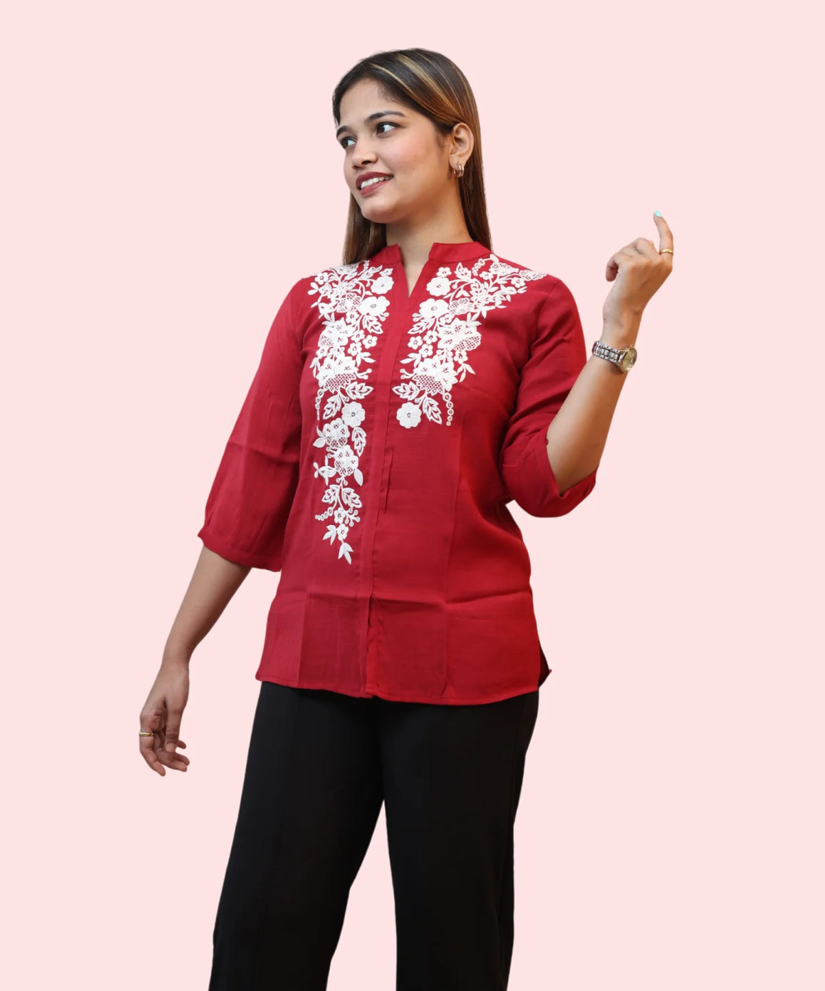 Women's red mandarin collar kurti top white floral embroidery three-quarter pose full length Ladymade