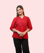 Women's red embroidered peplum V-neck workwear top front view by Ladymade