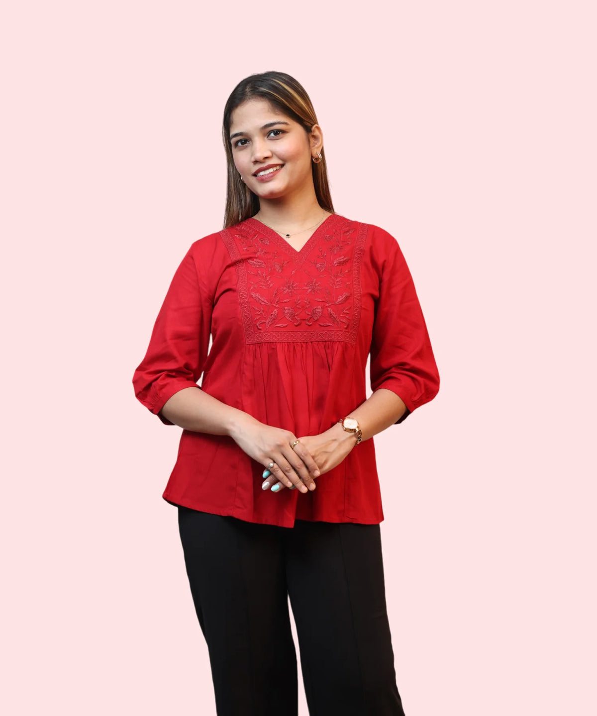 Women's red embroidered peplum V-neck workwear top front view by Ladymade