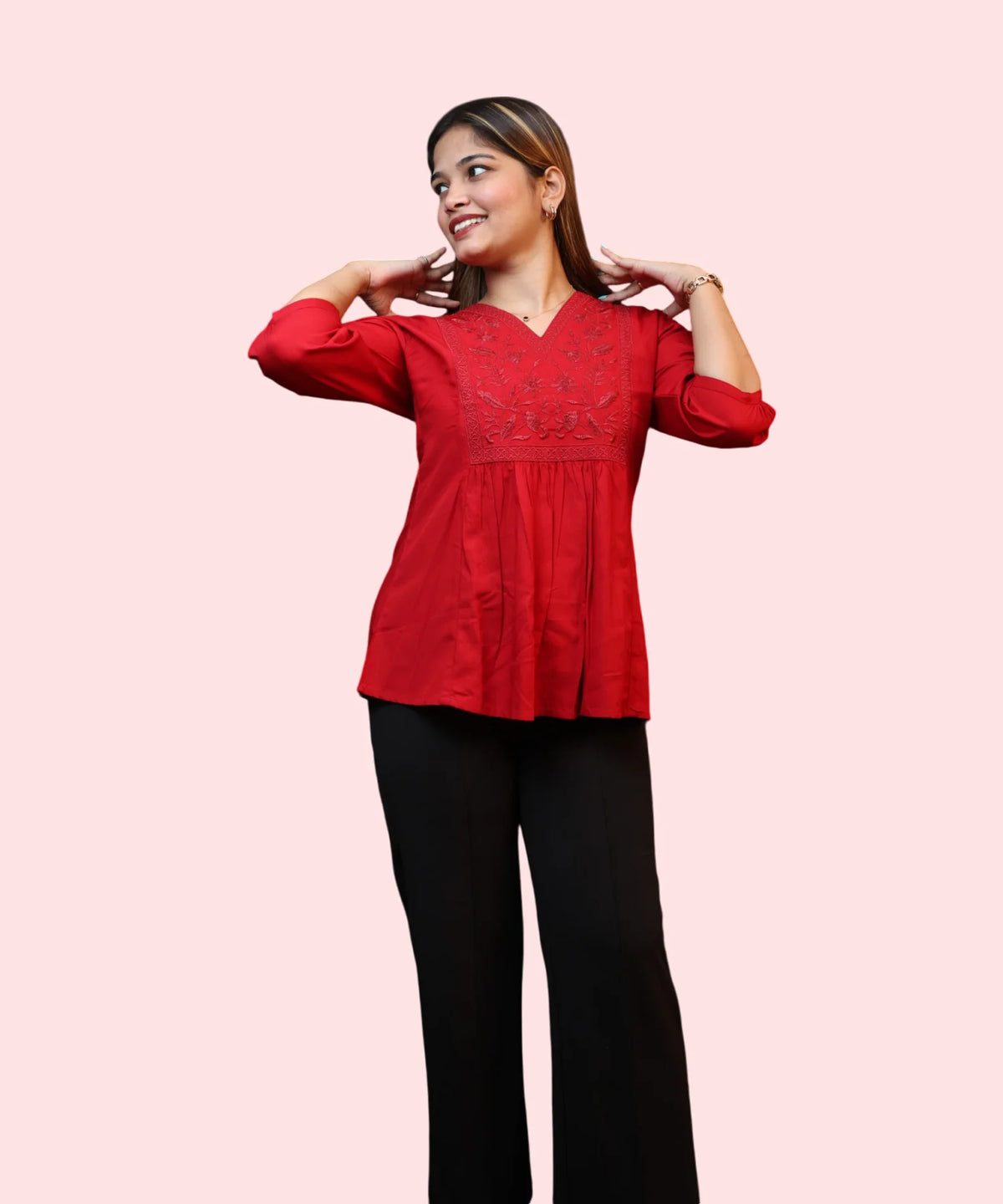 Model wearing women's workwear red embroidered peplum kurti ladymade
