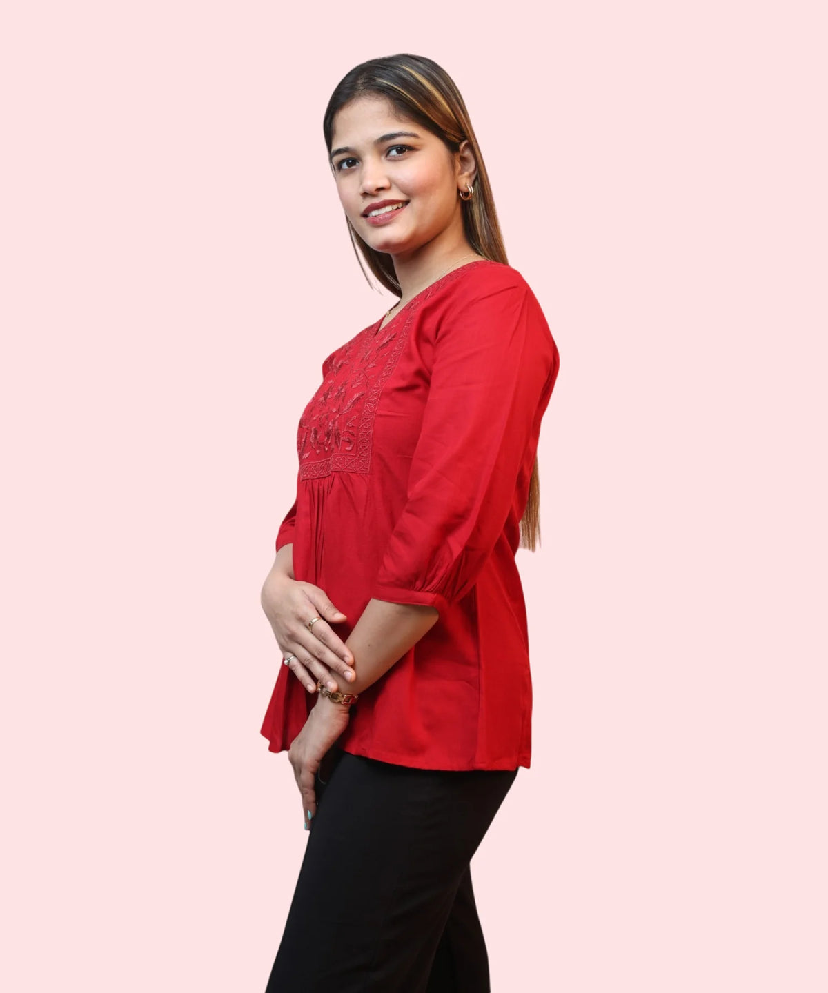 Side view of women's red embroidered peplum office kurti showing silhouette Ladymade