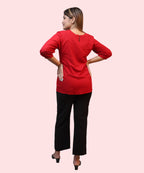 Back view of women's red peplum workwear kurti with three-quarter sleeves Ladymade