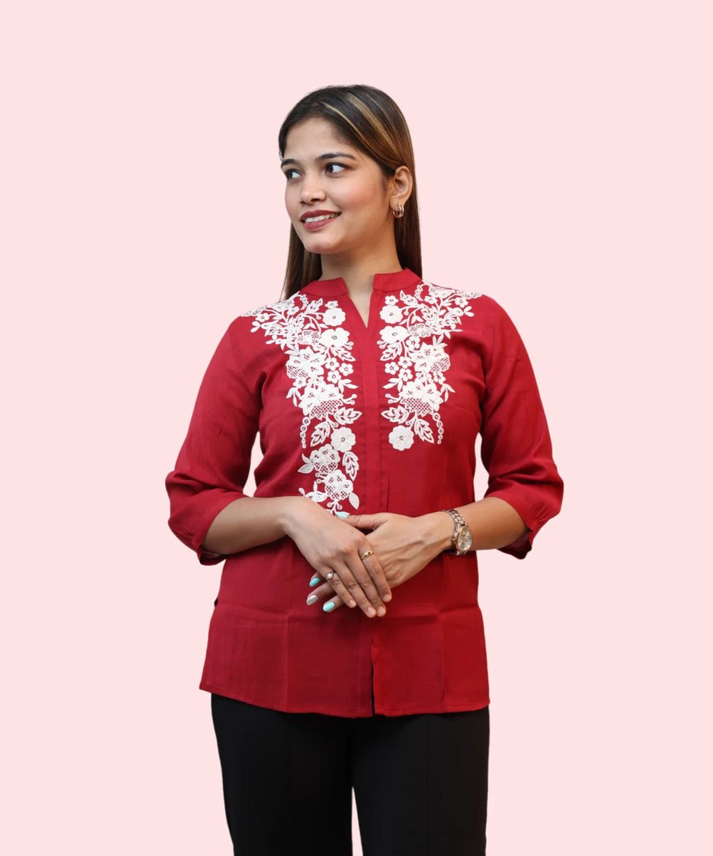 Front view women's red mandarin collar kurti top white floral embroidery hands clasped Ladymade