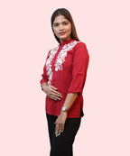 Side view women's red mandarin collar kurti top white floral embroidery side slit detail Ladymade