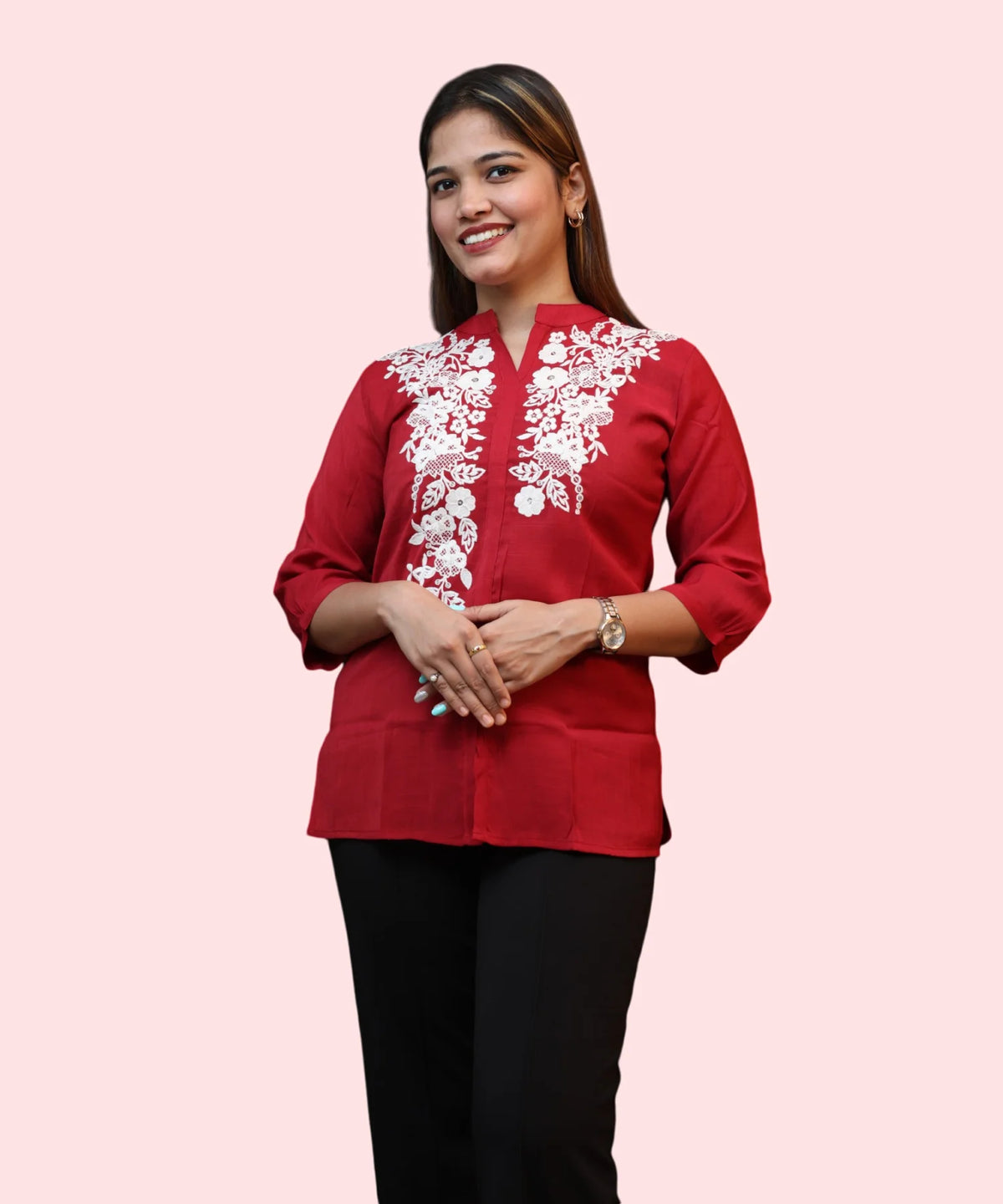 Women's red mandarin collar kurti top embroidered white floral workwear smiling front view Ladymade