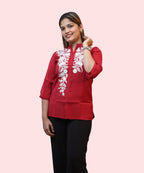 Women's red mandarin collar kurti top embroidered white floral workwear three-quarter angle Ladymade