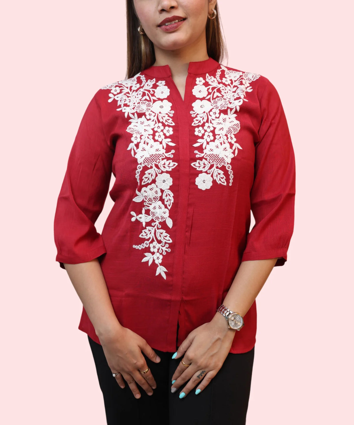 Women's red mandarin collar kurti top full white floral embroidery placket front view Ladymade
