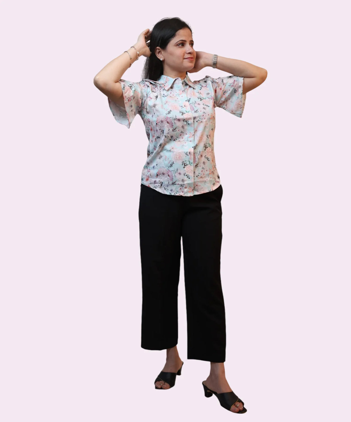Full length women's sky blue floral print collared shirt flutter sleeve workwear blouse black trousers Ladymade