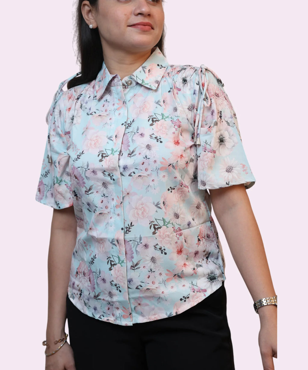 Front view women's sky blue floral print collared shirt drawstring shoulder tie tassel detail Ladymade