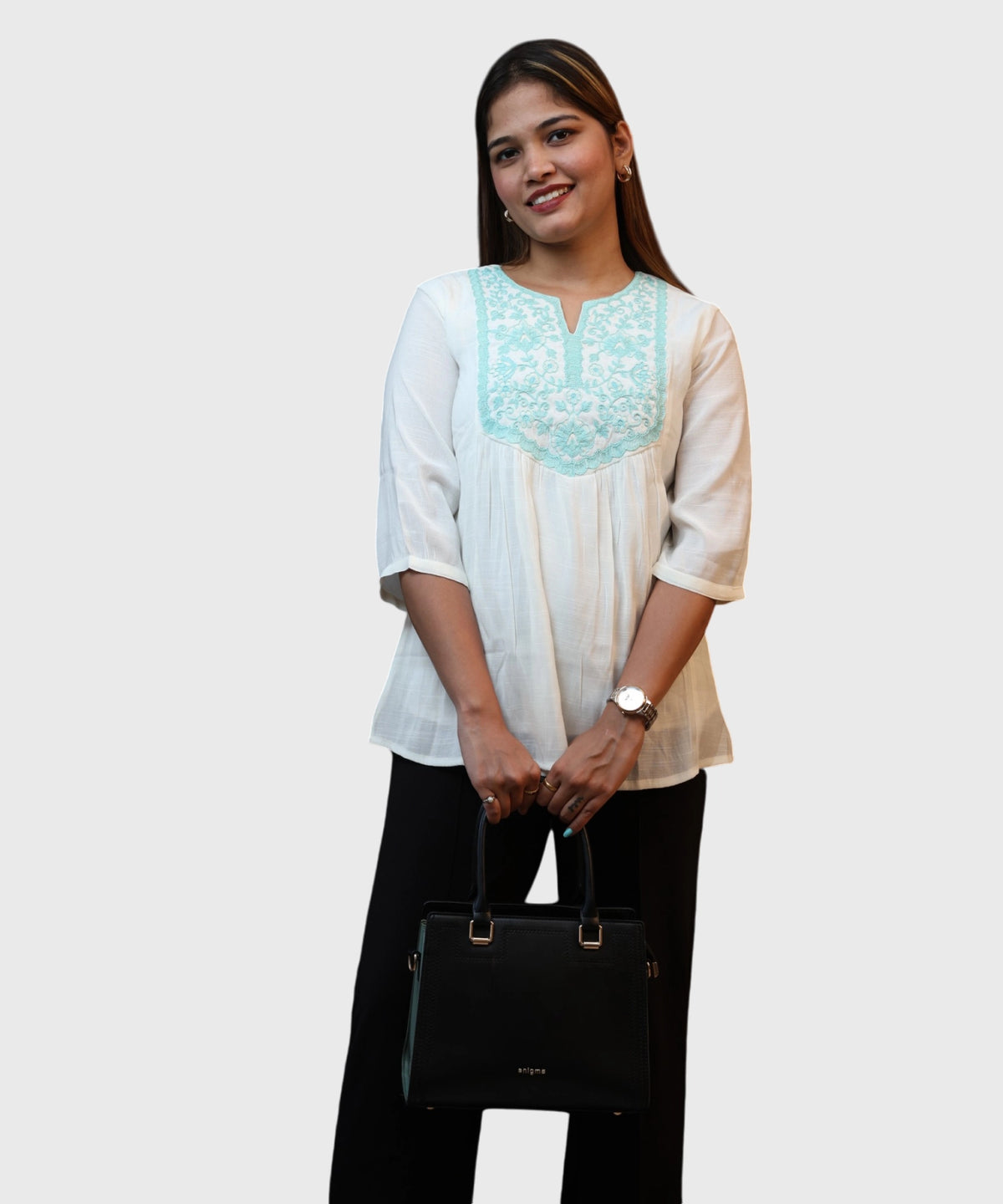 Full length women's white cotton kurti top turquoise embroidered yoke black trousers office handbag Ladymade