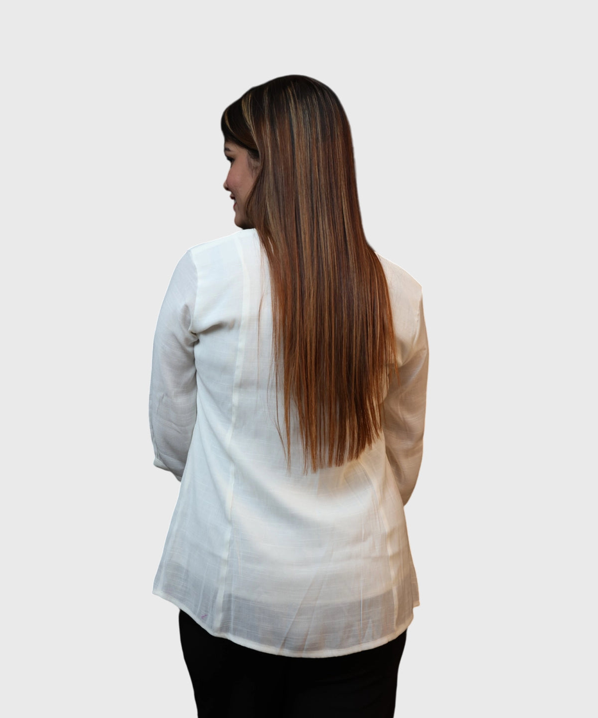 Back view women's white cotton kurti top gathered silhouette three-quarter sleeves workwear Ladymade