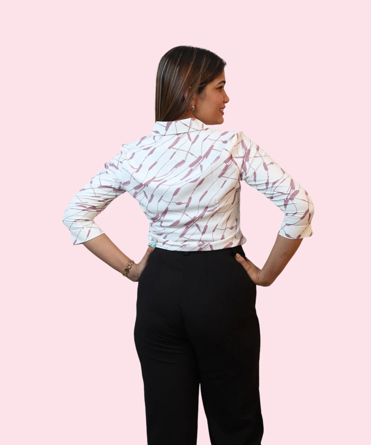 Back view women's white mauve abstract print formal shirt three-quarter sleeve workwear black trousers Ladymade