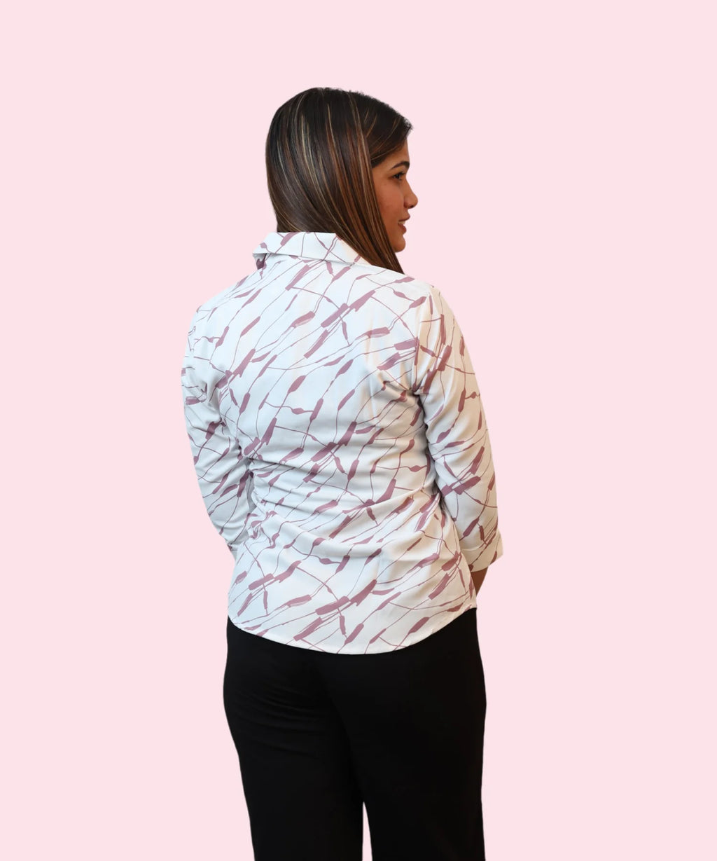Close back view women's white mauve abstract print three-quarter sleeve workwear shirt Ladymade