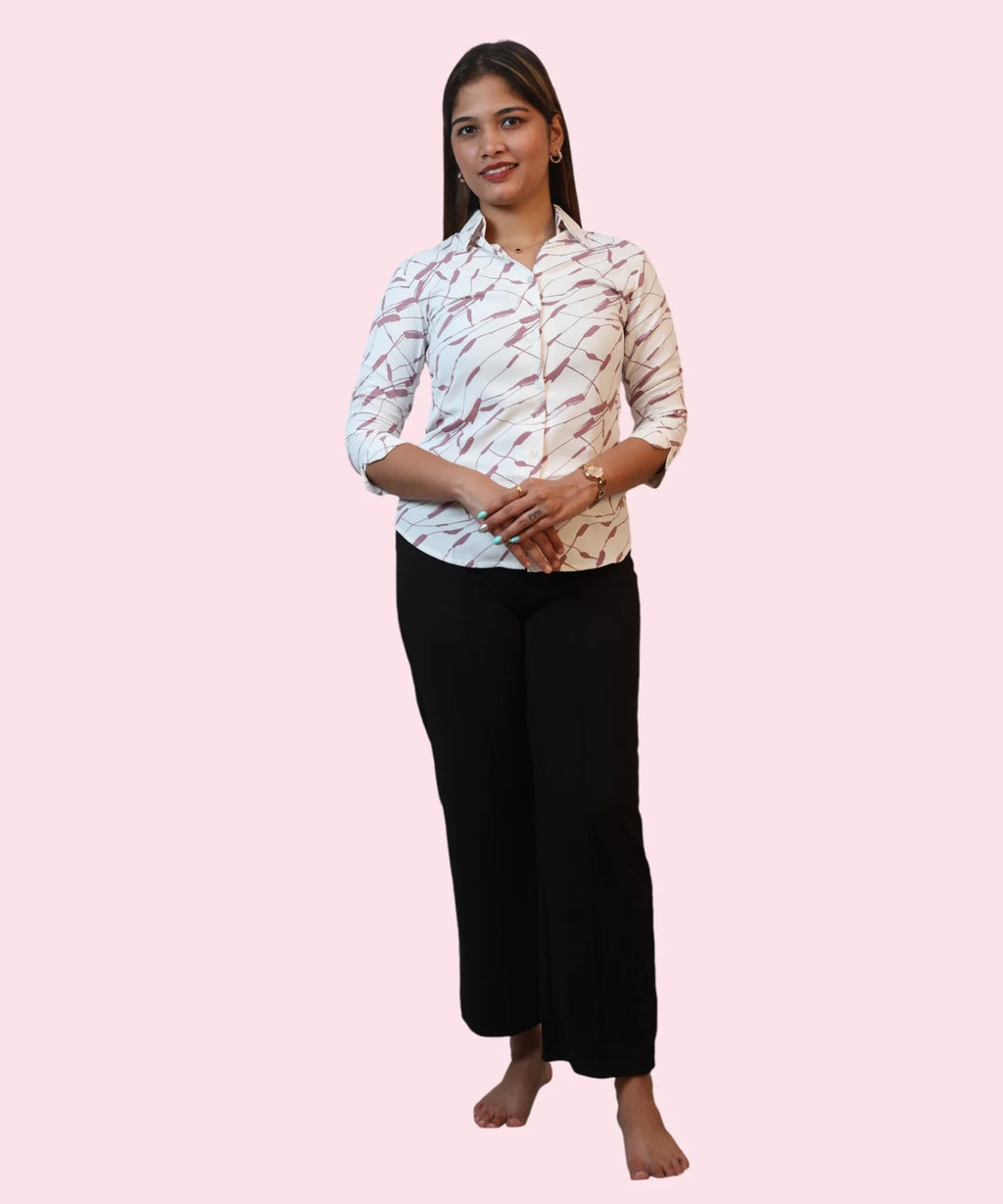 Full length front view women's white mauve abstract print formal shirt black wide-leg trousers Ladymade