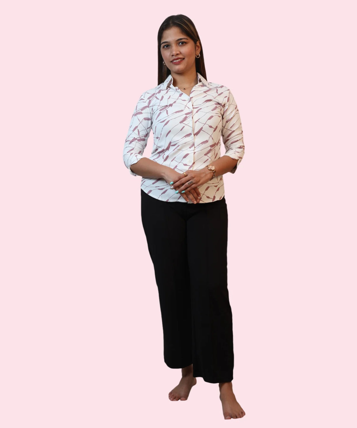 Full length front view women's white mauve abstract print formal shirt black wide-leg trousers Ladymade