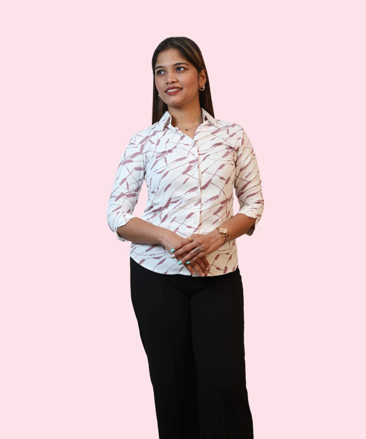 Half length women's white mauve abstract print workwear shirt open collar smiling front view Ladymade