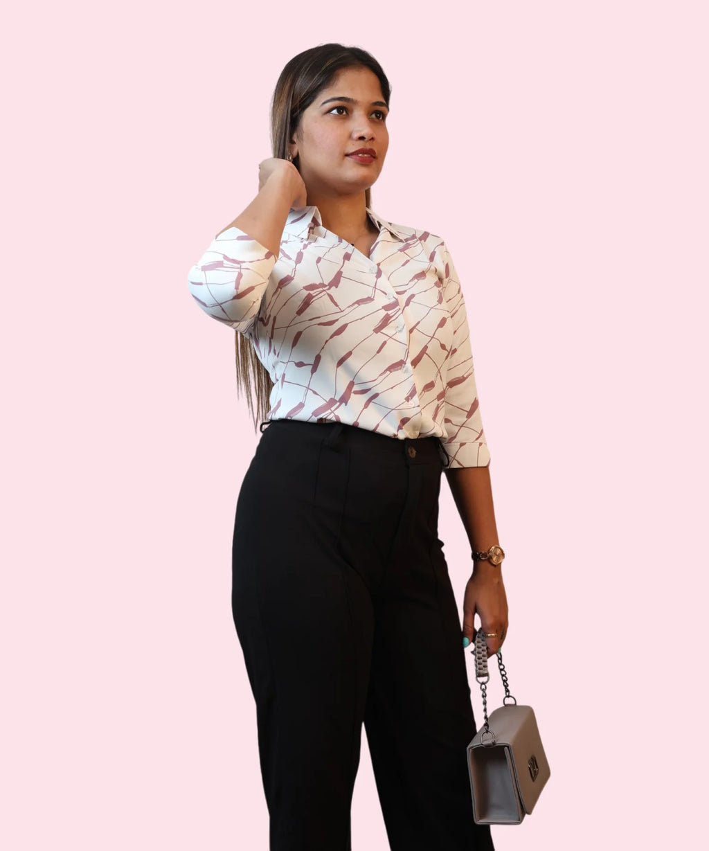 Women's white mauve abstract print workwear shirt styled with grey handbag office lifestyle look Ladymade