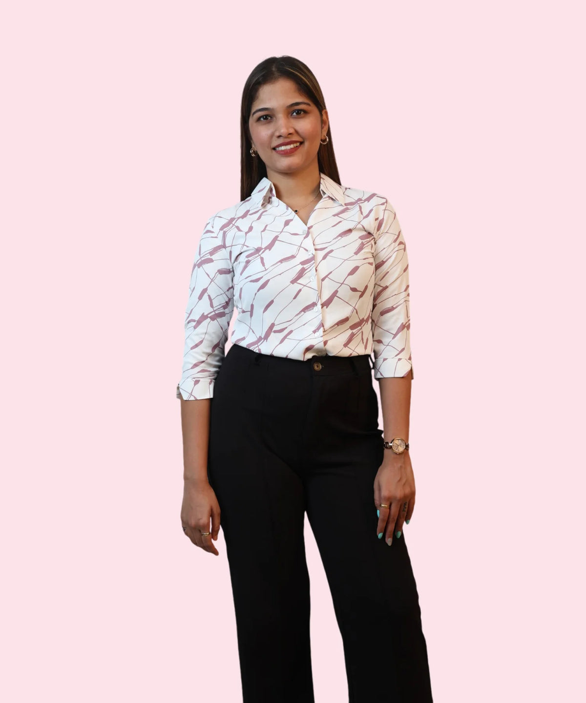 Full length women's white mauve abstract print formal shirt tucked into black wide-leg trousers workwear Ladymade